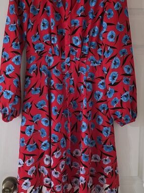 Ann Taylor Bright Red Floral Dress with Blue And White Blooms